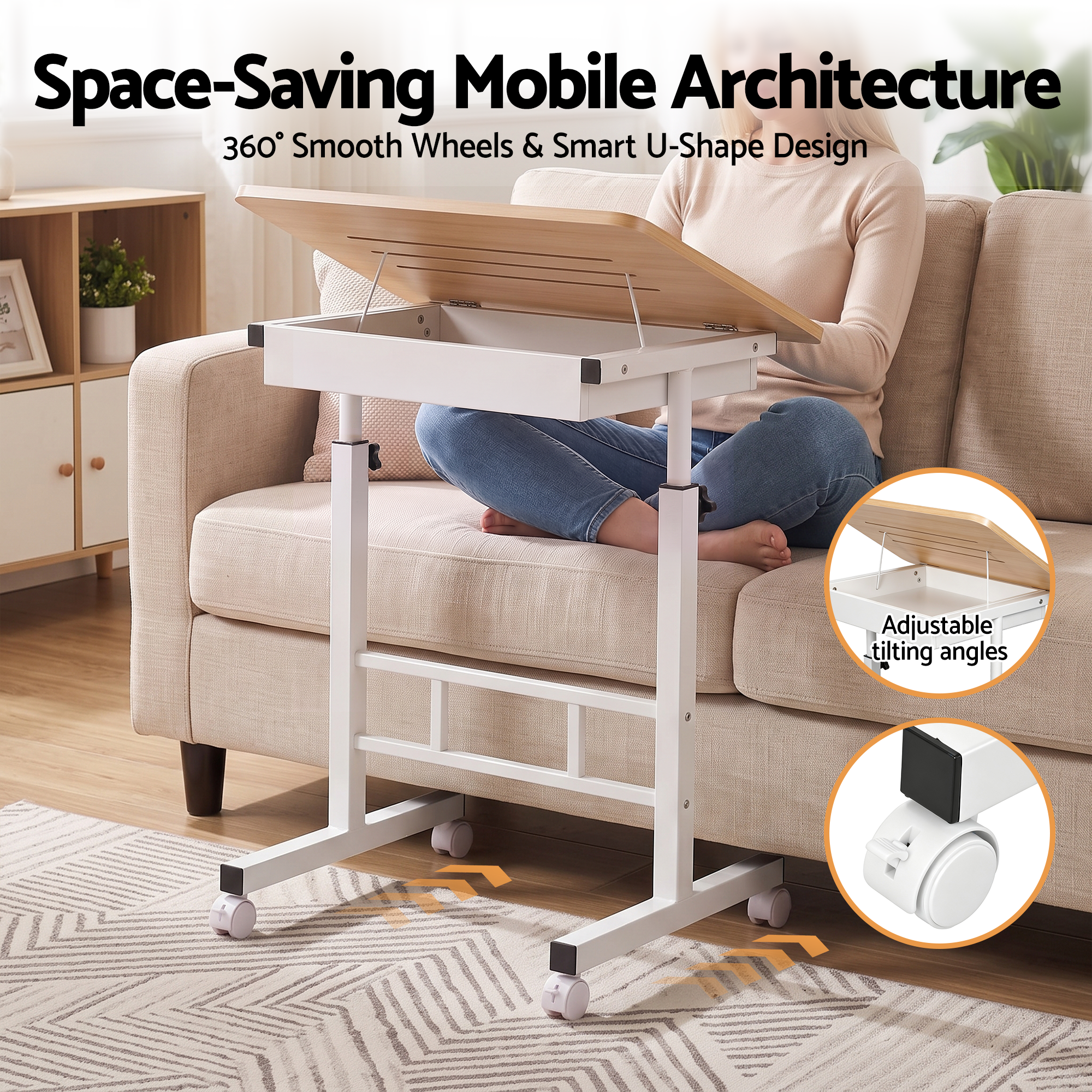 Artiss Adjustable Laptop Desk Mobile Bedside Table Hidden Storage Wood
