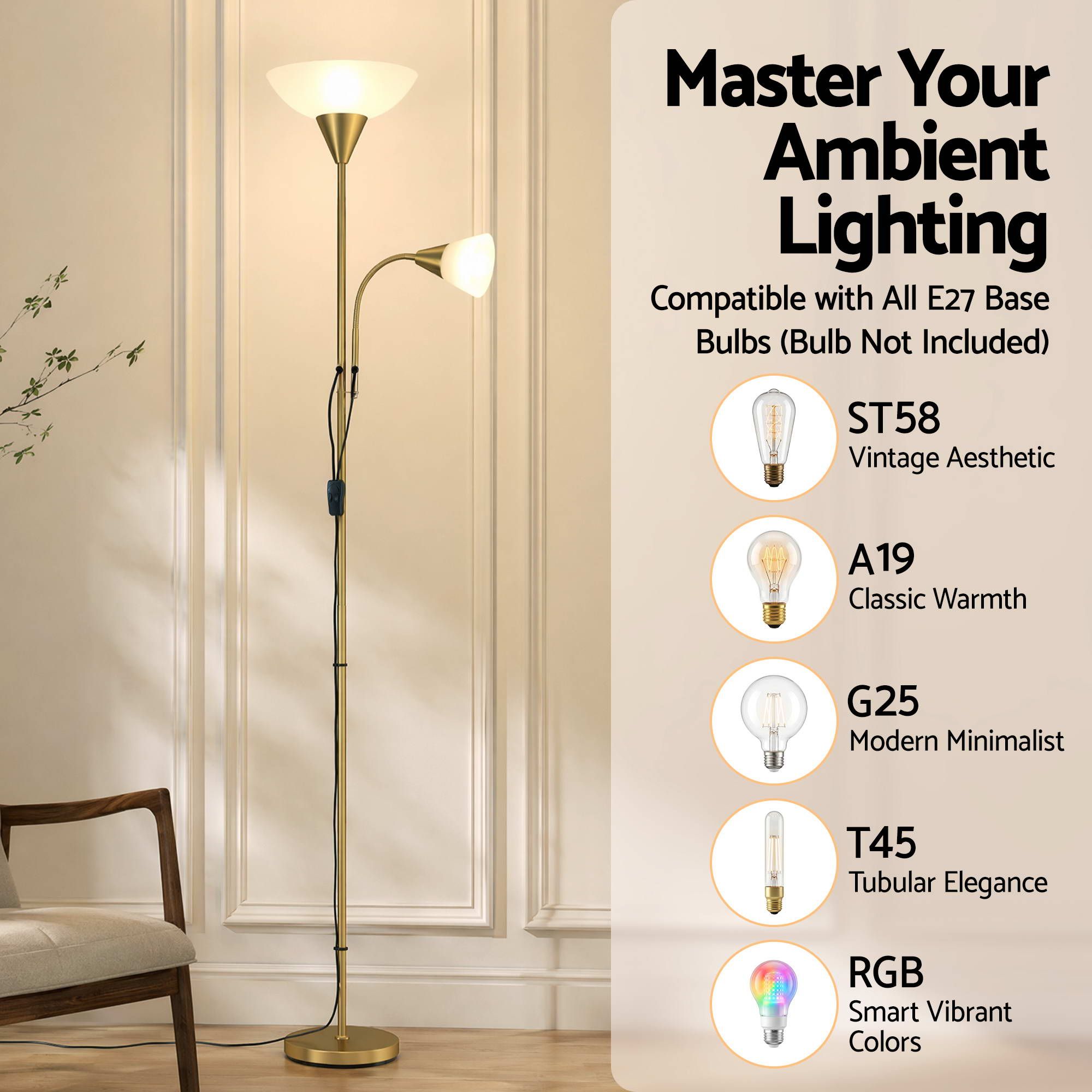 Artiss Gold Floor Lamp with Reading Light | Mother and Child Standing Lamp with 360 Flexible Gooseneck, Individual Switch & Plate Shade, E27 & E14 Bulb Not Included Home Living Room Office Reading