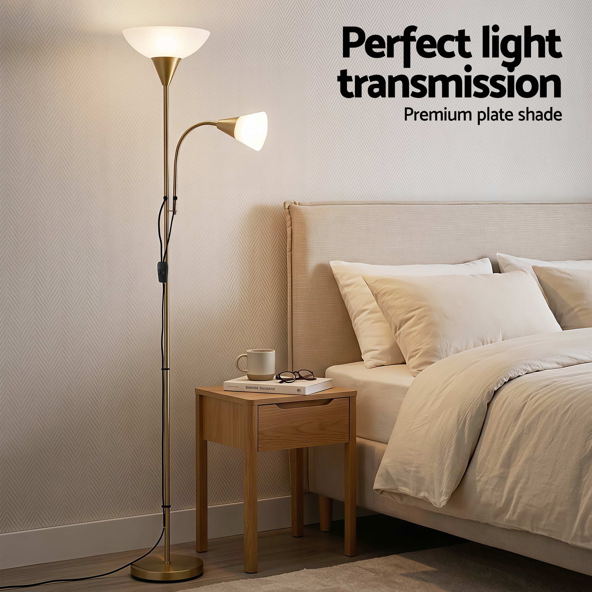 Artiss Gold Floor Lamp with Reading Light | Mother and Child Standing Lamp with 360 Flexible Gooseneck, Individual Switch & Plate Shade, E27 & E14 Bulb Not Included Home Living Room Office Reading