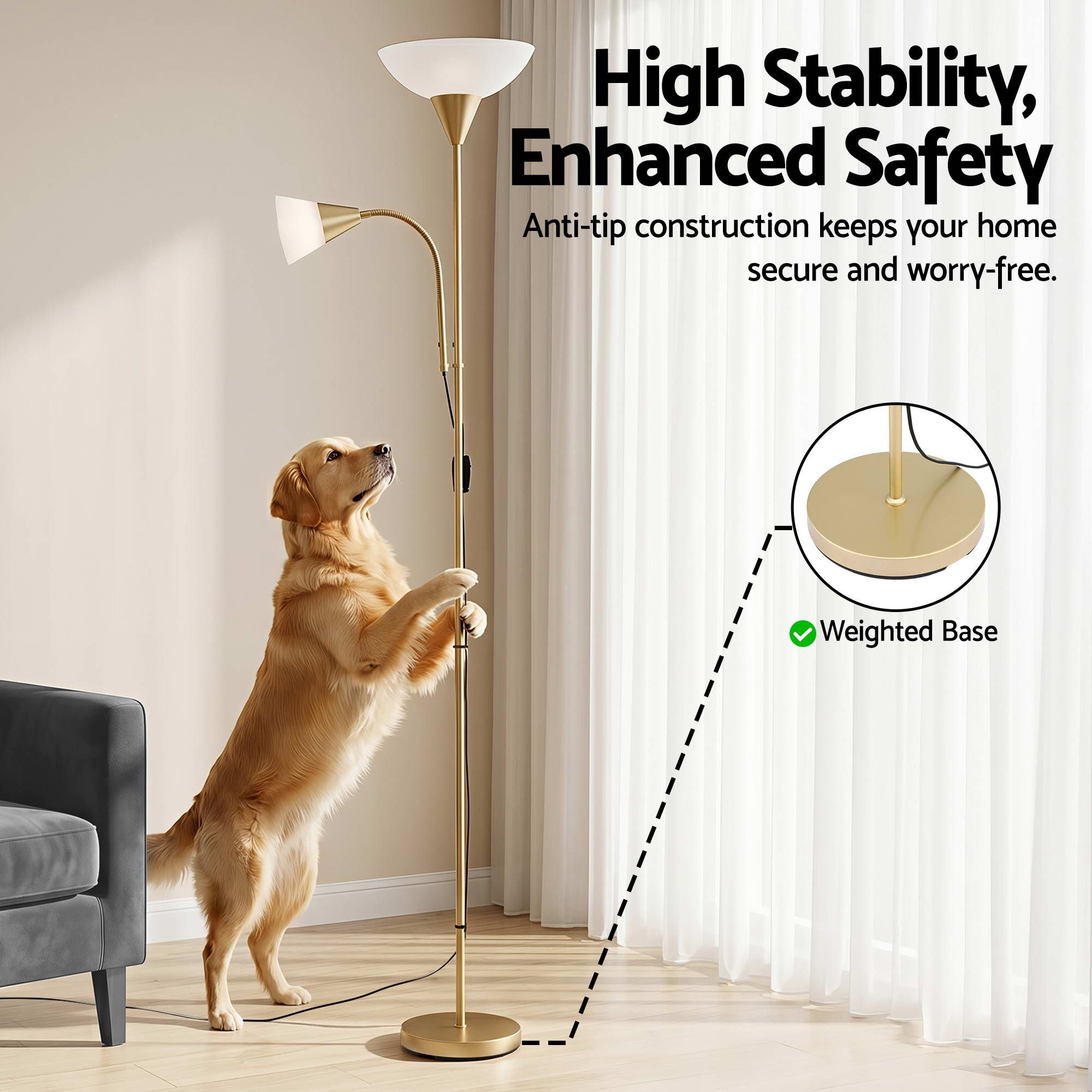 Artiss Gold Floor Lamp with Reading Light | Mother and Child Standing Lamp with 360 Flexible Gooseneck, Individual Switch & Plate Shade, E27 & E14 Bulb Not Included Home Living Room Office Reading
