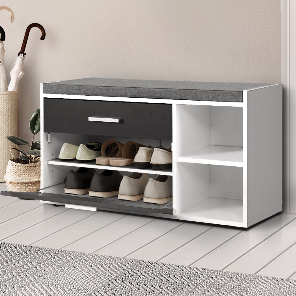 Artiss Shoe Cabinet Bench Wooden Storage Organiser Adjustable Shelf Fabric Seat White/Grey/Black