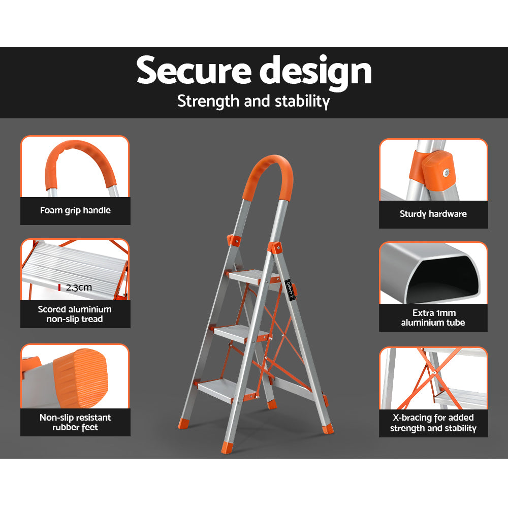 Giantz 3 Step Ladder Folding Aluminium Lightweight Non-Slip