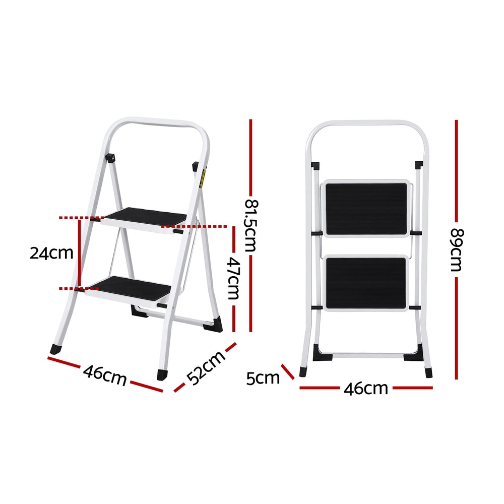 Giantz 2 Step Ladder Folding Steel Lightweight Black/White