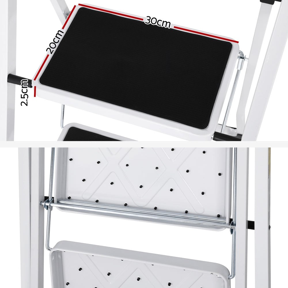Giantz 2 Step Ladder Folding Steel Lightweight Black/White