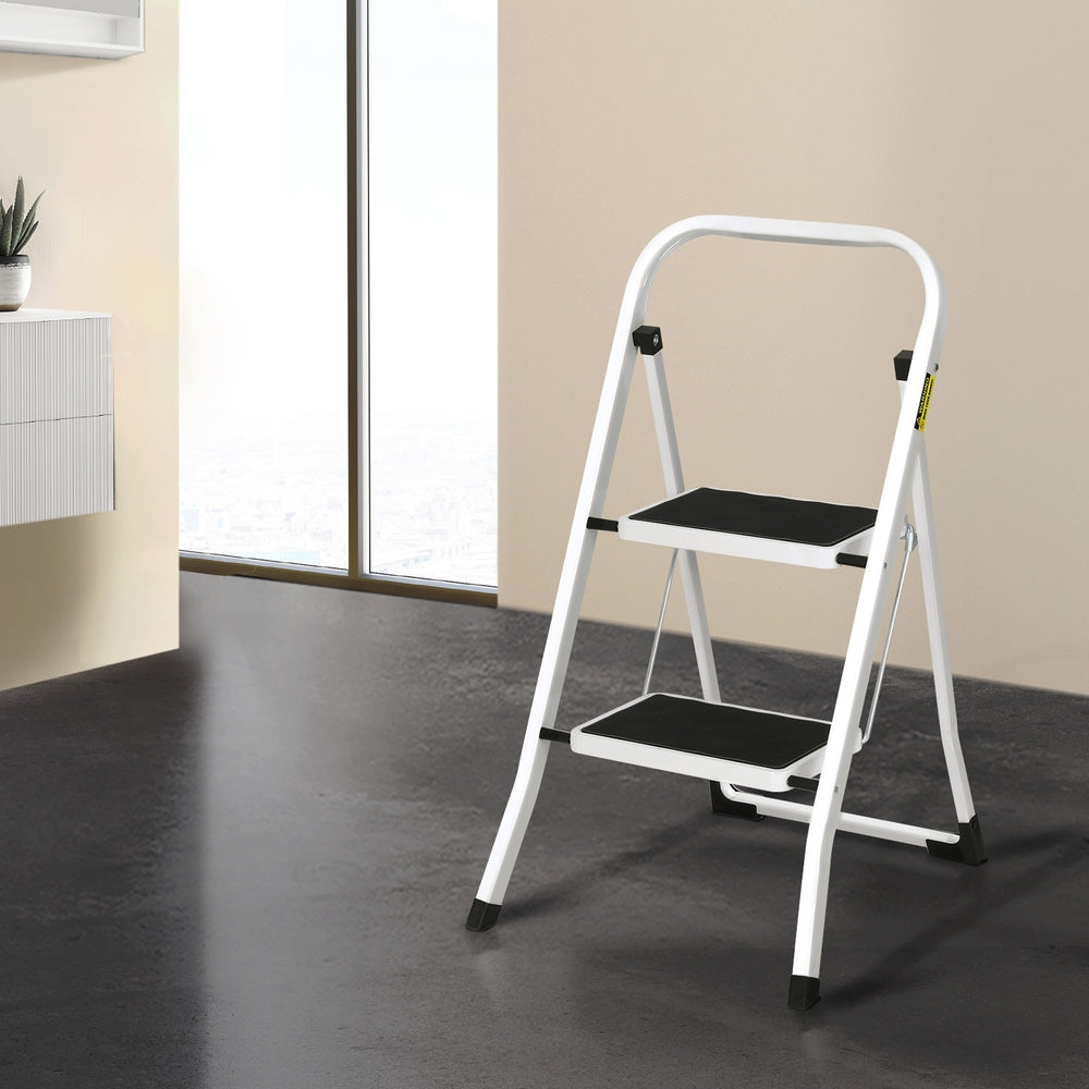 Giantz 2 Step Ladder Folding Steel Lightweight Black/White