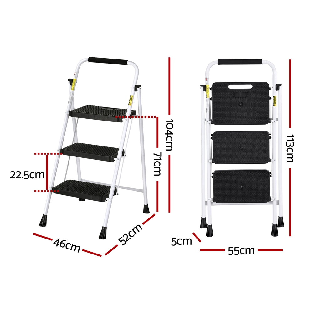 Giantz 3 Step Folding Ladder Steel Lightweight Black/White