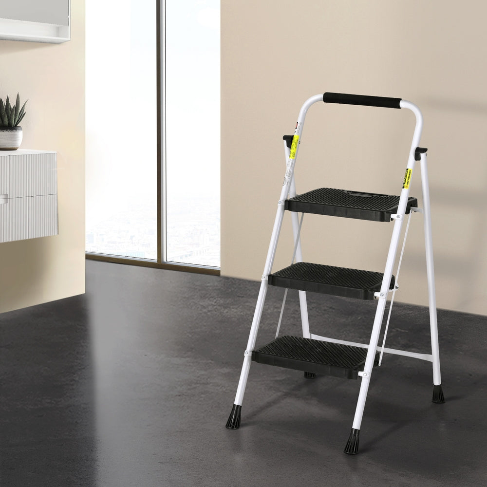 Giantz 3 Step Folding Ladder Steel Lightweight Black/White