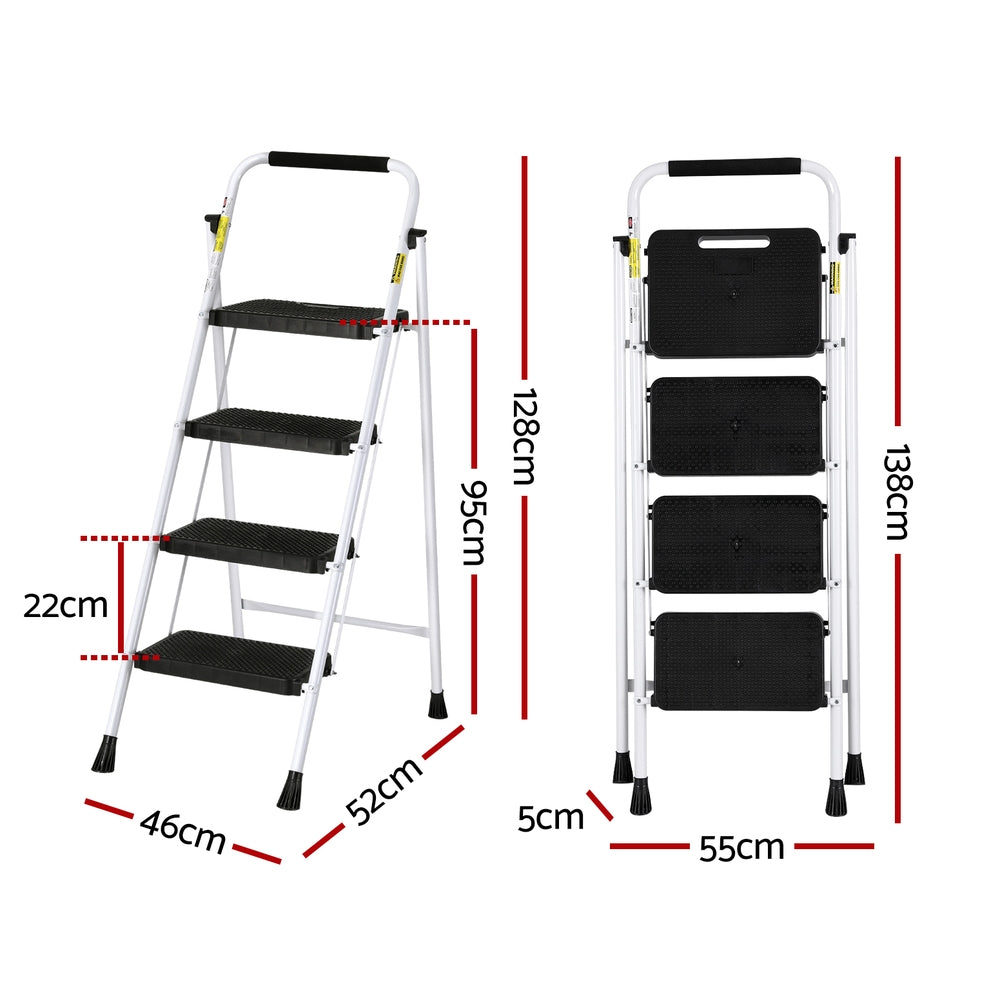 Giantz 4 Step Ladder Folding Steel Lightweight Black/White