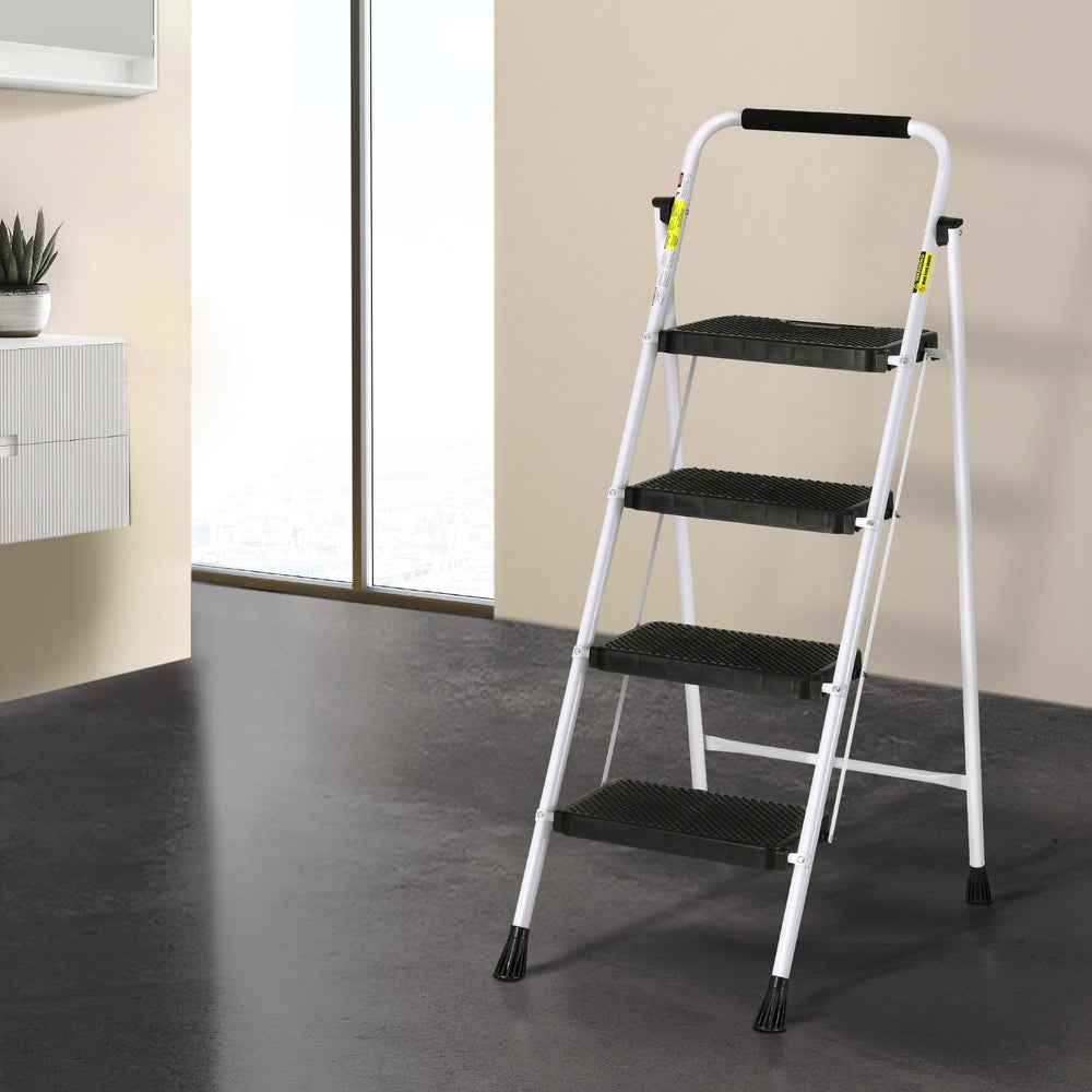 Giantz 4 Step Ladder Folding Steel Lightweight Black/White