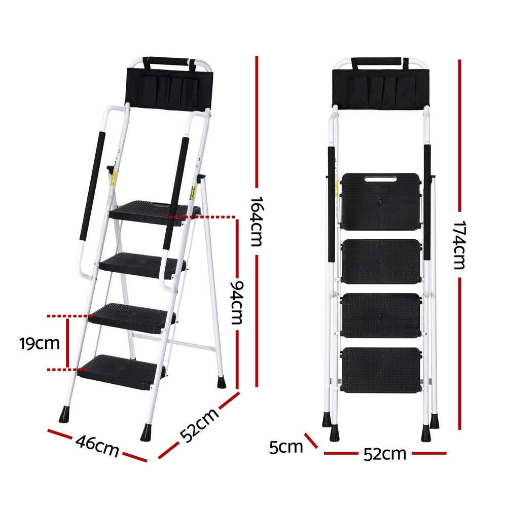 Giantz 4-Step Folding Ladder Steel Platform Black/White