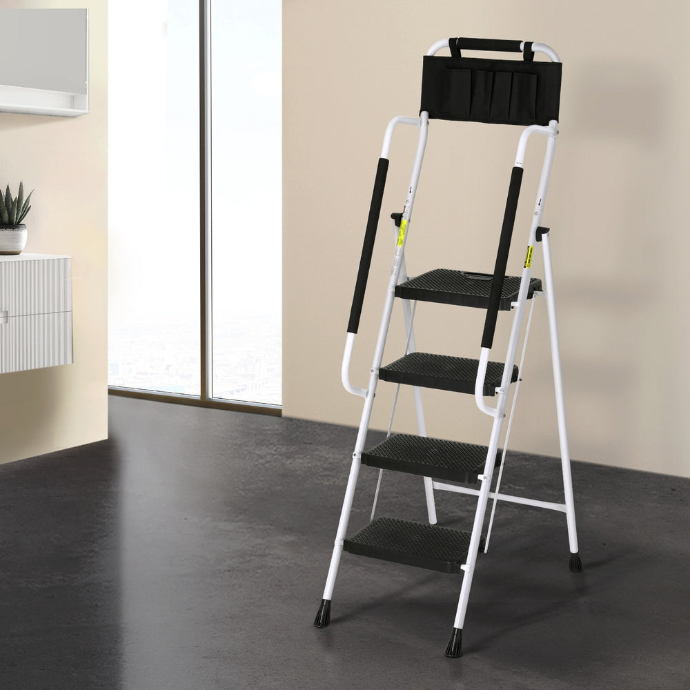 Giantz 4-Step Folding Ladder Steel Platform Black/White