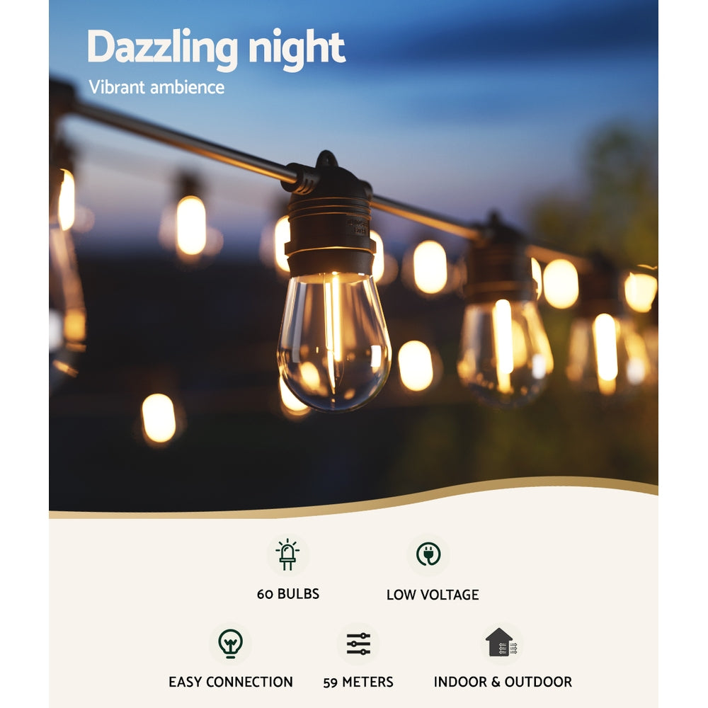 59m Festoon String Lights Outdoor Indoor Warm White S14 Bulbs