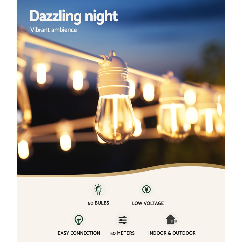 50M LED Festoon String Lights Outdoor Warm White Christmas Wedding Party Decor