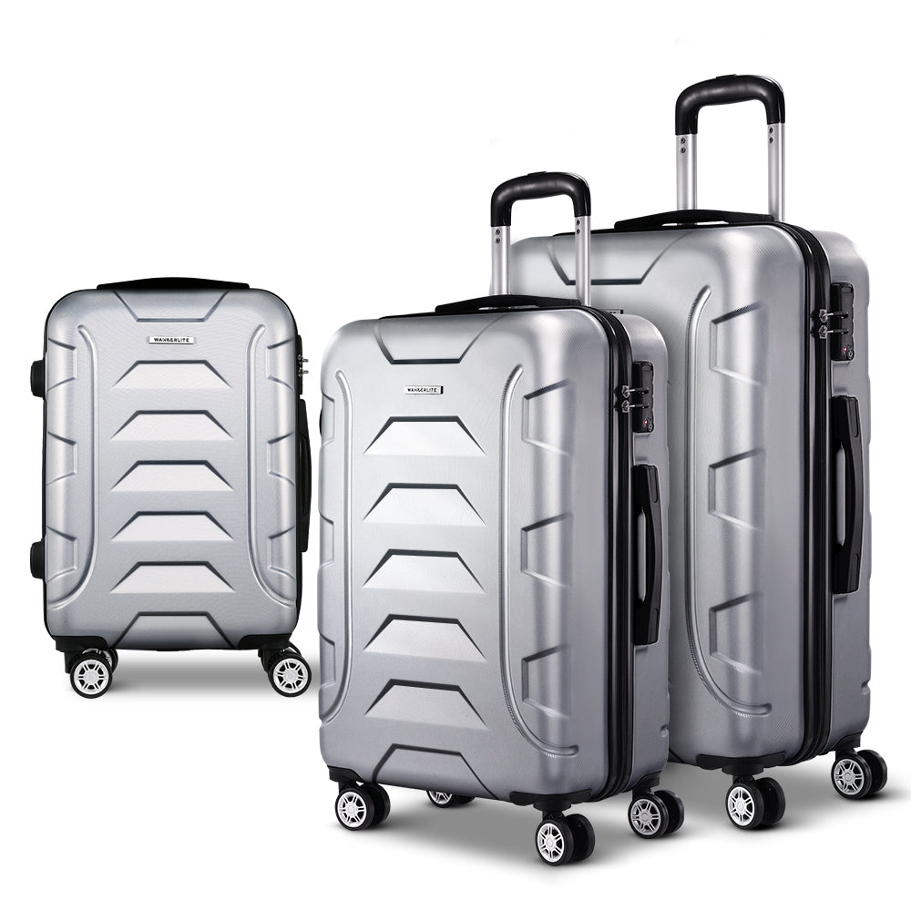 Wanderlite 3-Piece Luggage Set TSA Lock Spinner Hard Shell Silver
