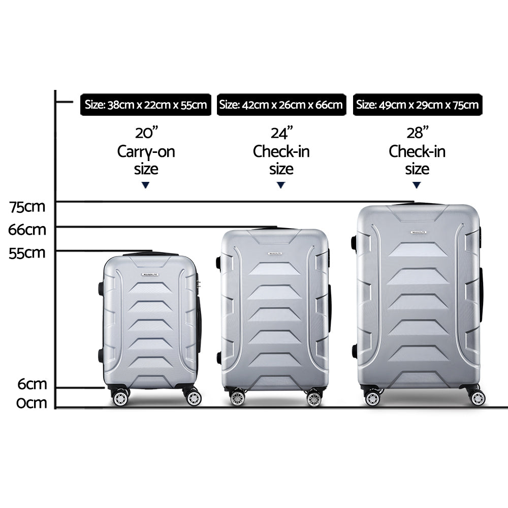 Wanderlite 3-Piece Luggage Set TSA Lock Spinner Hard Shell Silver