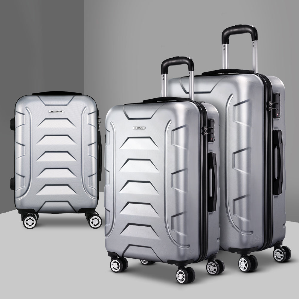 Wanderlite 3 Piece Hard Shell Luggage Set 20-24-28 Inch Silver