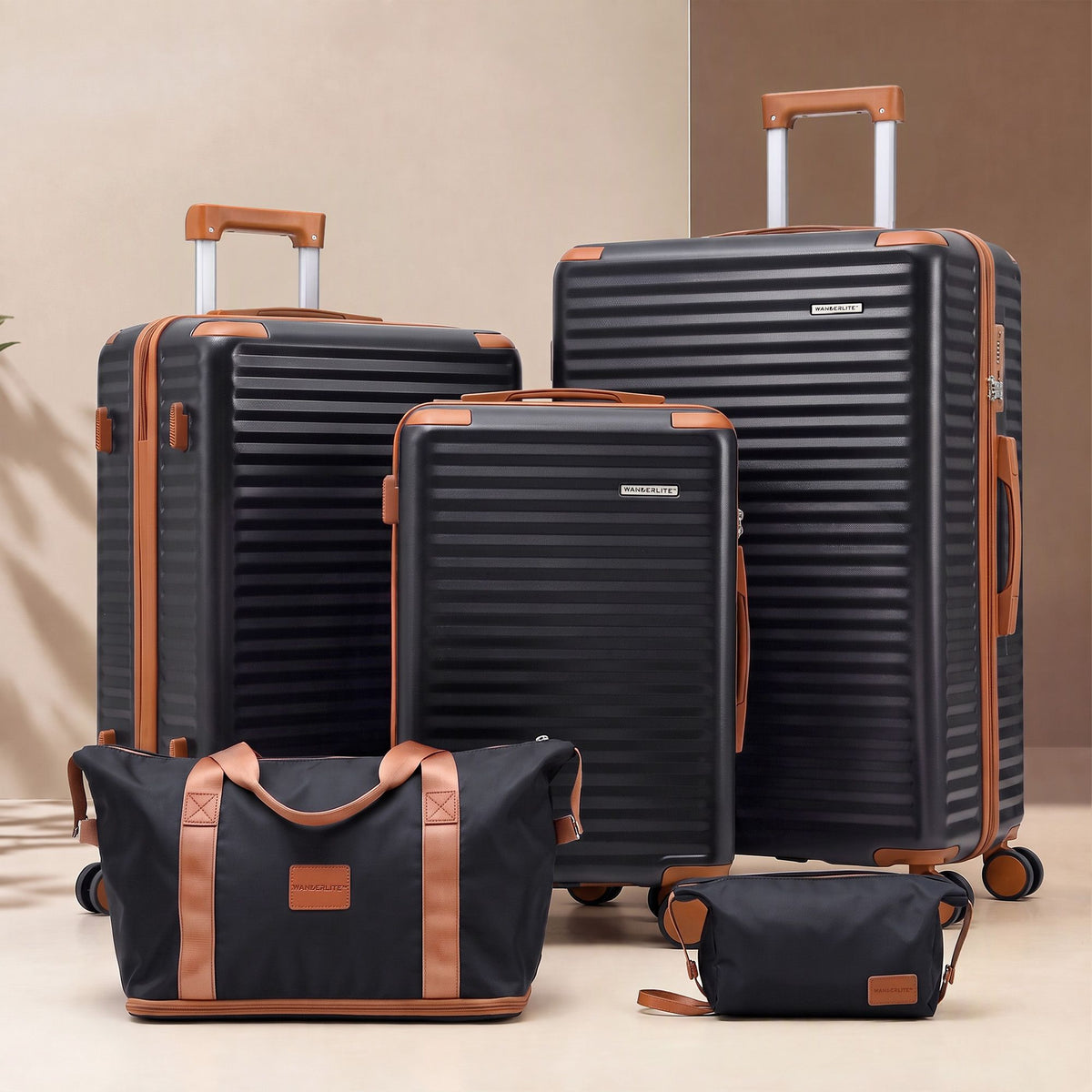 Wanderlite 5 Piece Luggage Suitcase Set Trolley Hard Case Black Brown