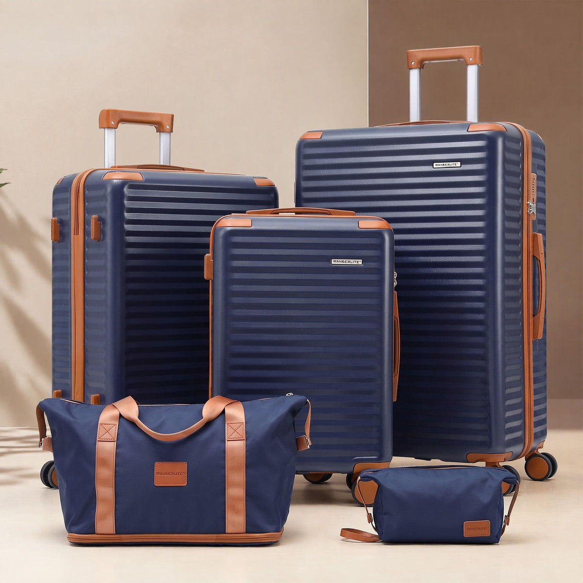 Wanderlite 5 Piece Luggage Suitcase Set Trolley Hard Case Navy Brown