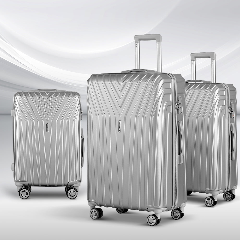 Wanderlite Silver 3-Piece Luggage Set 20-24-28 Inch Hard Shell Suitcases TSA Lock