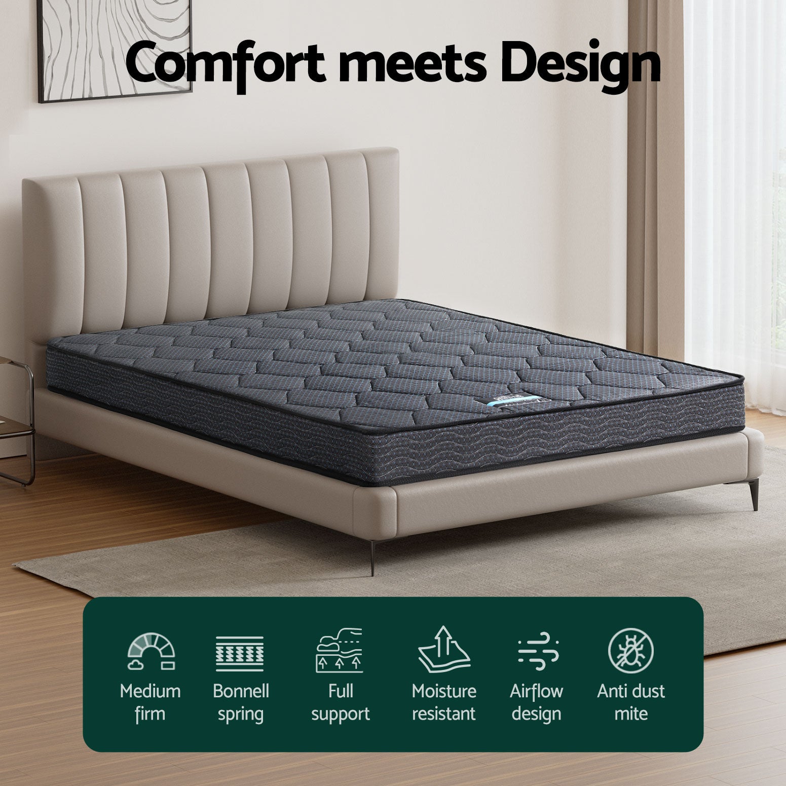 Serena Queen Mattress 16cm Bonnell Spring Medium-Firm Grey