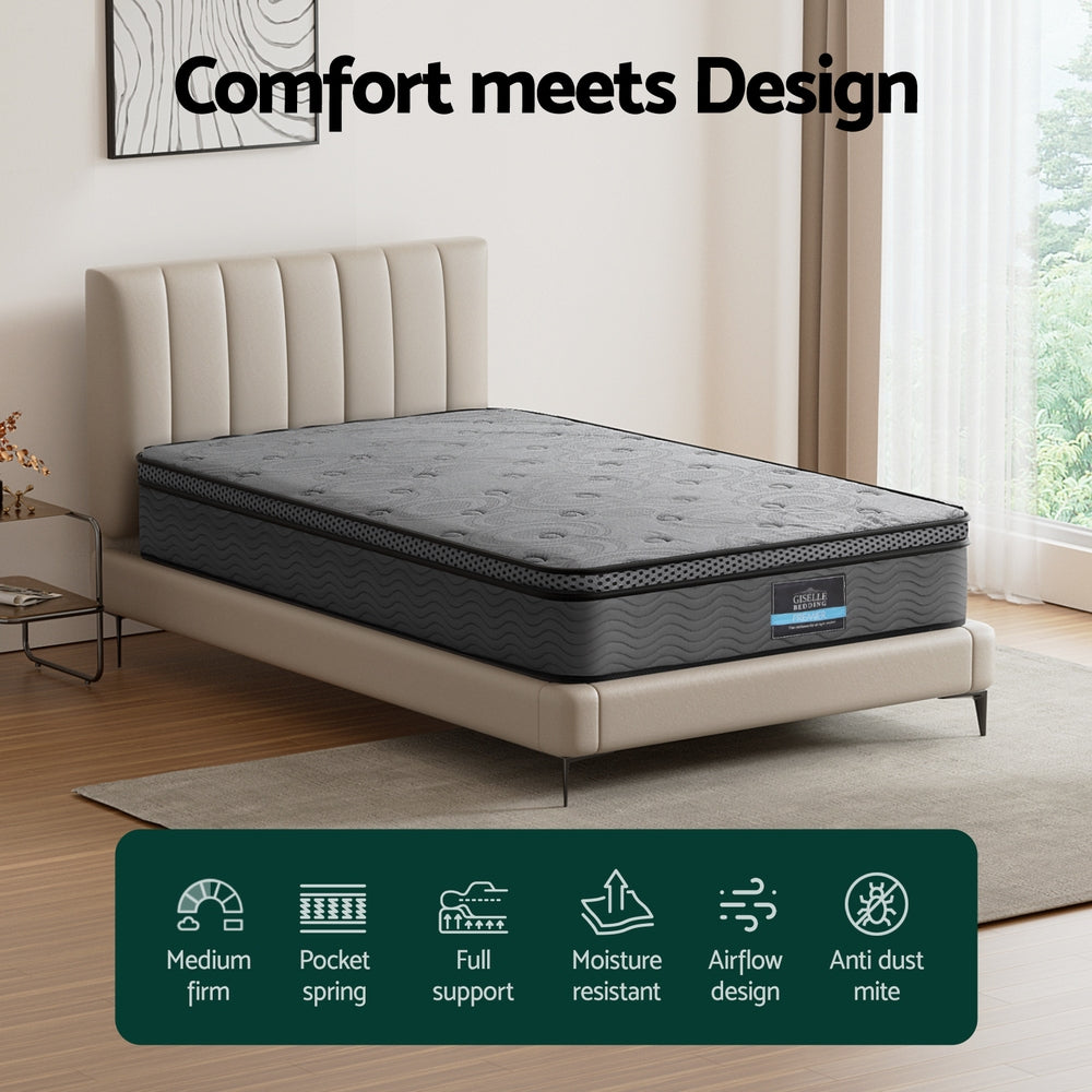 Reverie Single Mattress 26cm Euro Top Medium-Firm Grey