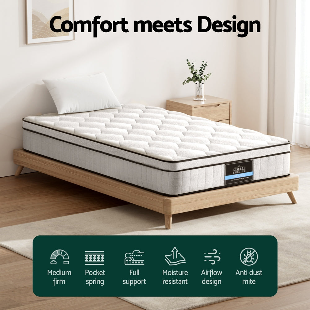 Elysium Single Mattress 22cm Euro Top Medium-Firm Velvet Hypo-Allergenic