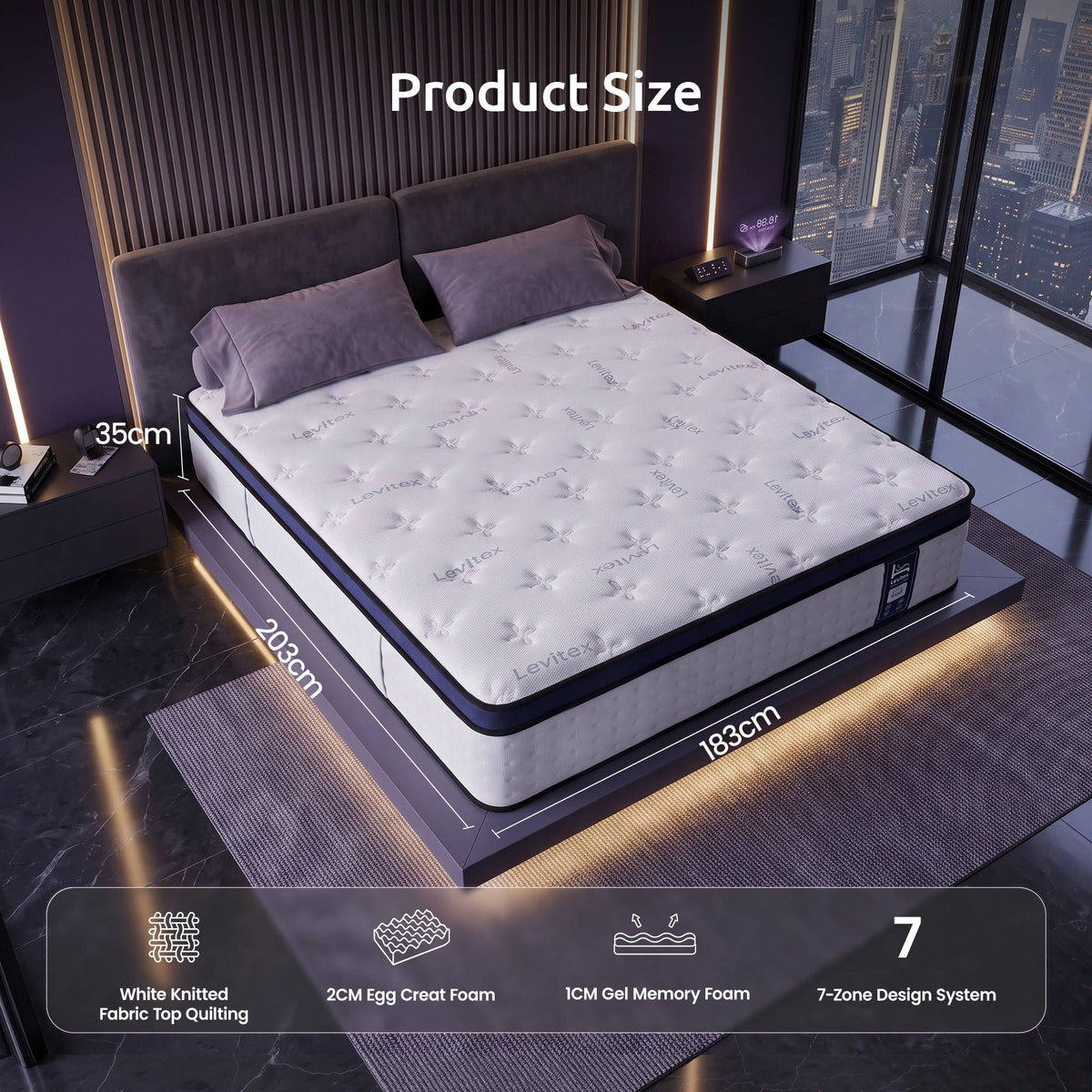 Levitex 35CM King Mattresses Gel Memory Foam and 7-Zone Ergonomic Pocket Spring, Anti-Roll Dual-Row Edge, Undisturbed Deep Sleep For Restless Couples, Triple Cooling System