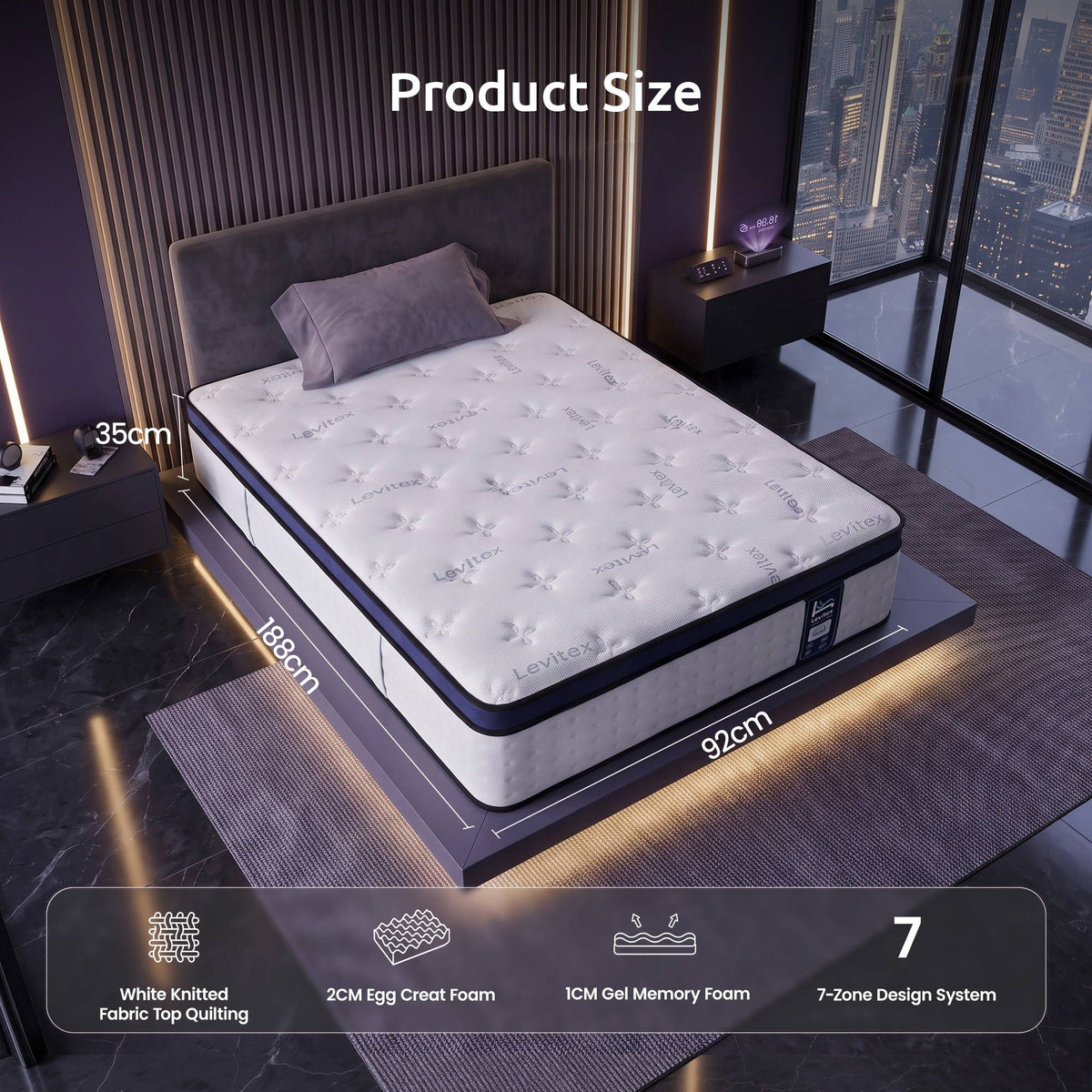 Levitex 35CM Single Mattresses Gel Memory Foam and 7-Zone Ergonomic Pocket Spring, Anti-Roll Dual-Row Edge, Triple Cooling System for Hot Sleepers