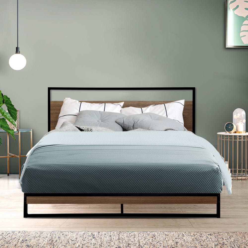 Dane Double Bed Frame Metal Black Dark Wood