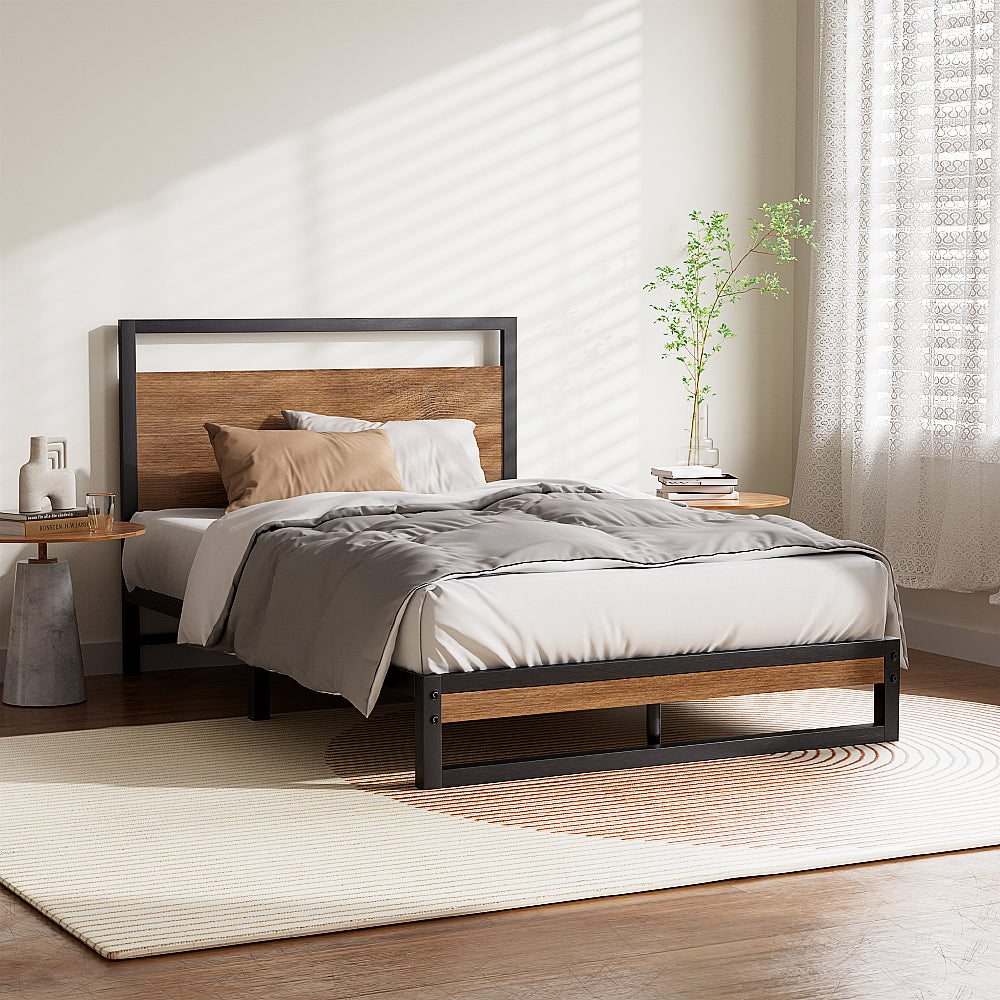 Dane King Single Bed Frame Metal Black Dark Wood