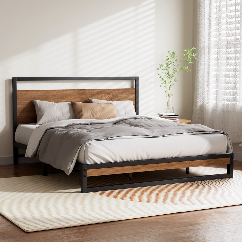 Dane Queen Metal Bed Frame Black Dark Wood
