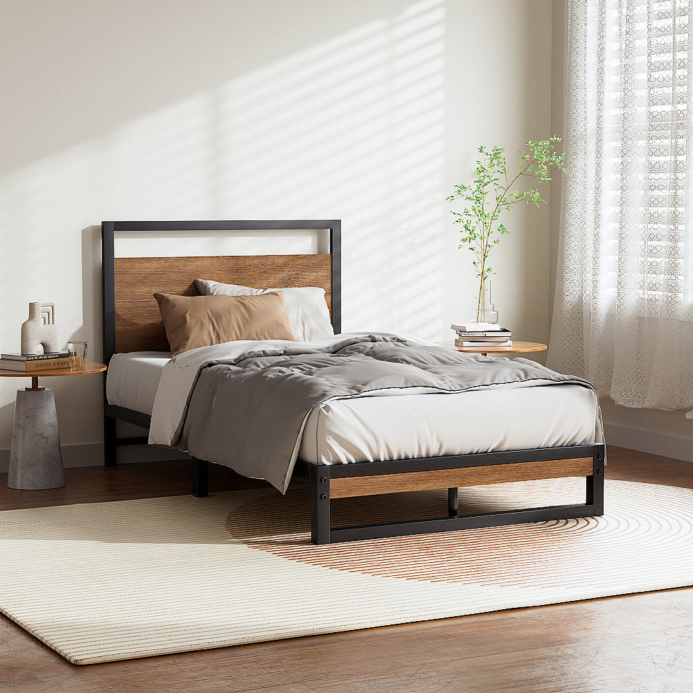 Dane Single Bed Frame Metal Black Dark Wood
