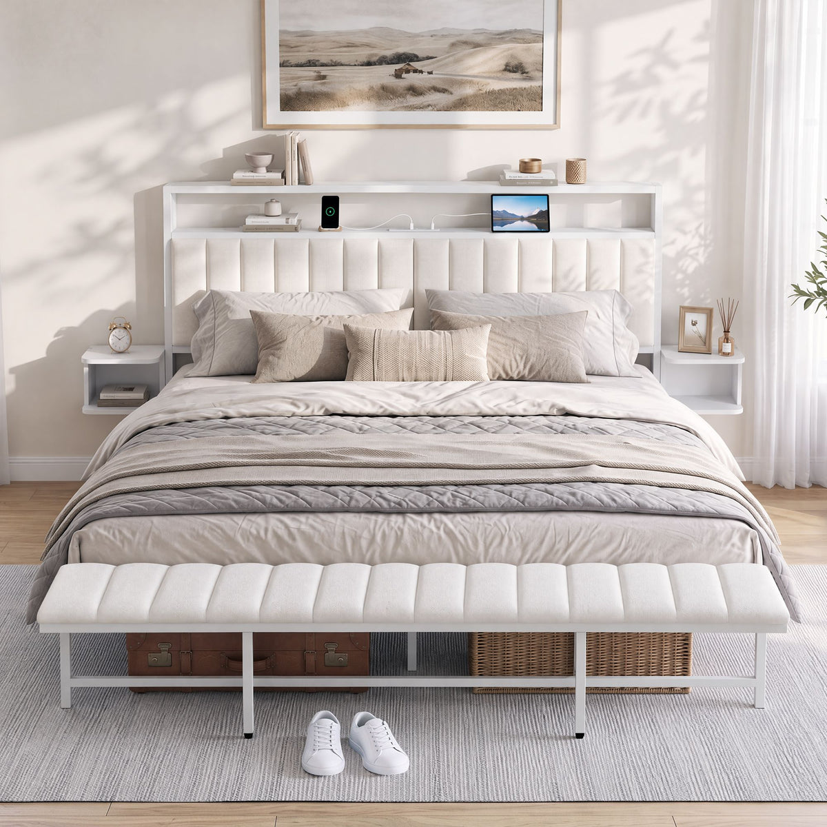 Fay King Metal Bed Frame with Charging Station White