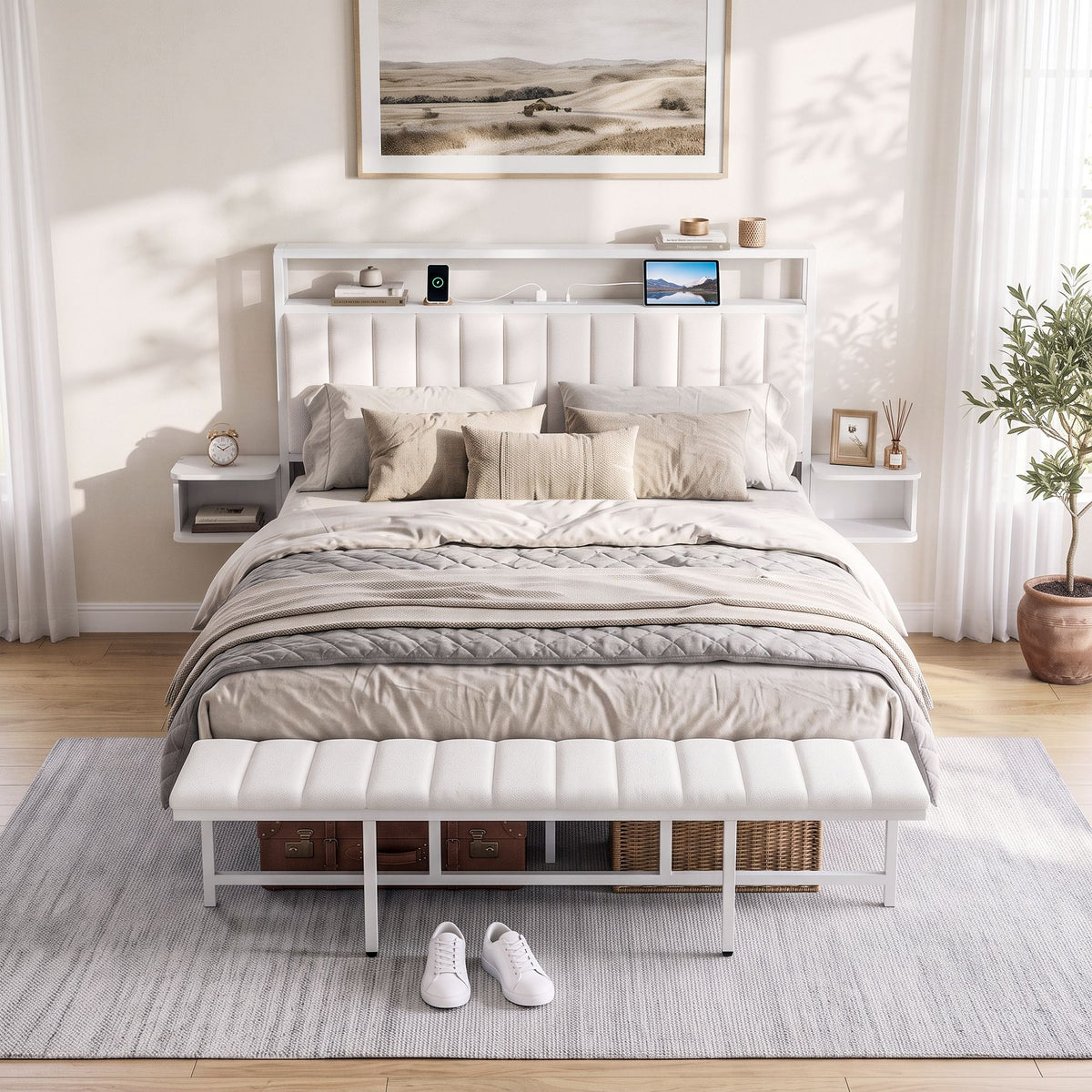 Fay Queen Metal Bed Frame Boucle Headboard White