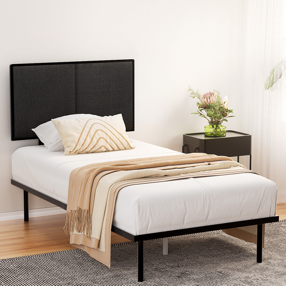 Noe King Single Bed Frame Metal Upholstered Headboard Black