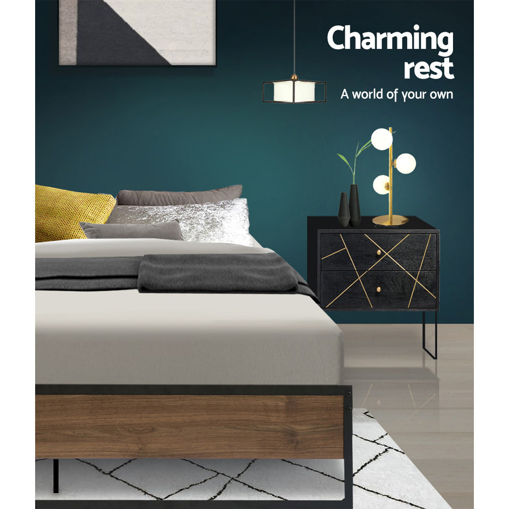 Oslo Double Bed Frame Metal Base Black Dark Wood