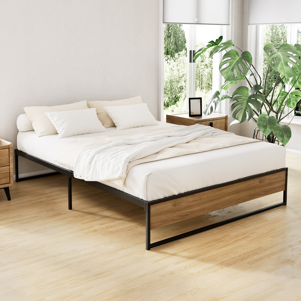 Oslo Double Bed Frame Metal Base Black Dark Wood
