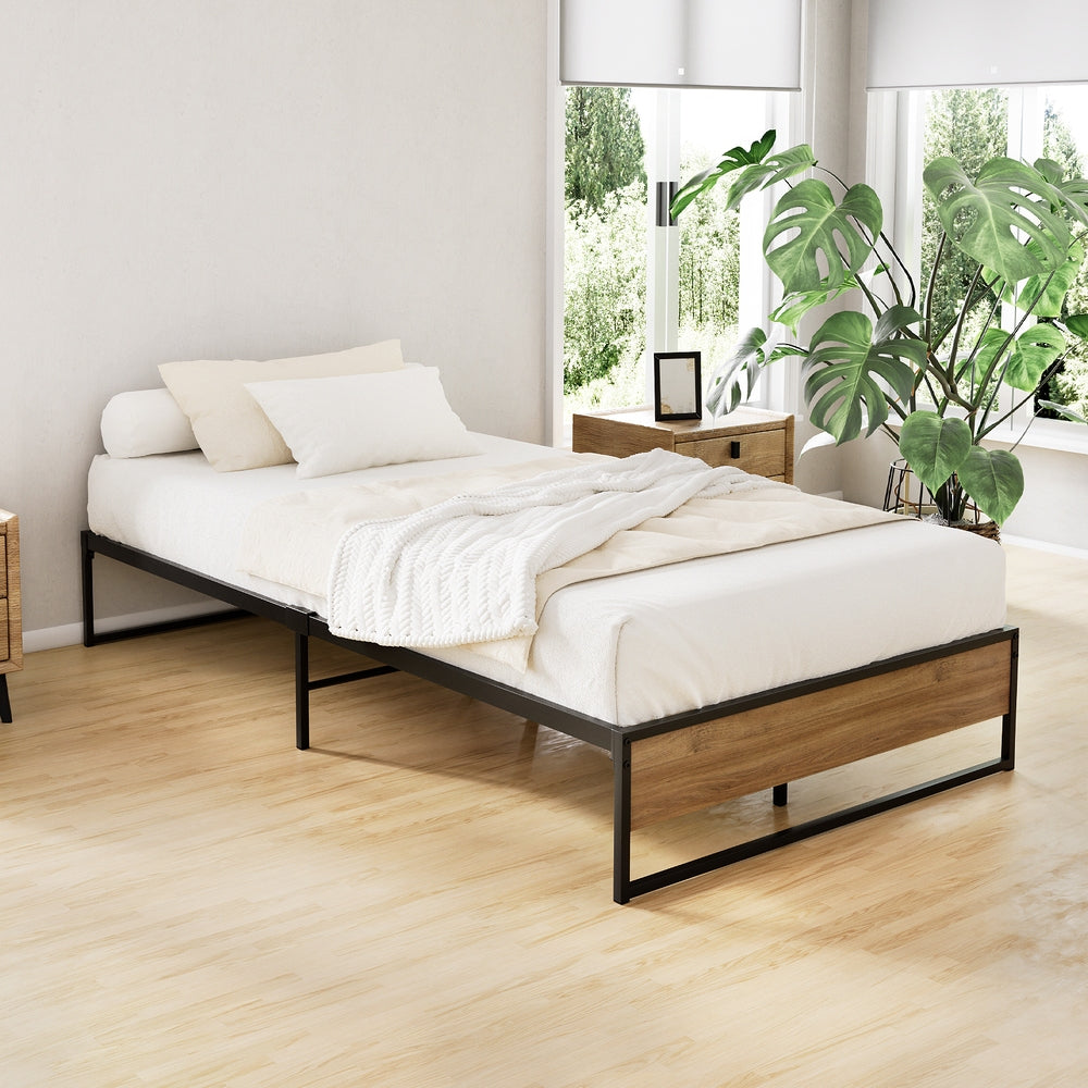 Oslo King Single Metal Bed Frame Black Dark Wood