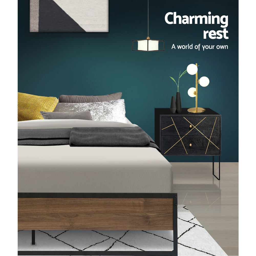 Oslo Queen Metal Bed Frame Black Dark Wood