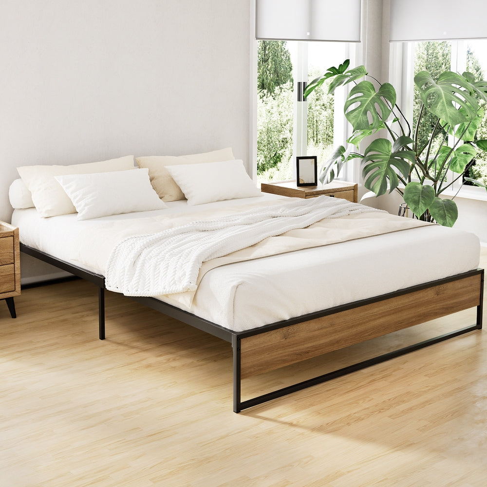 Oslo Queen Metal Bed Frame Black Dark Wood