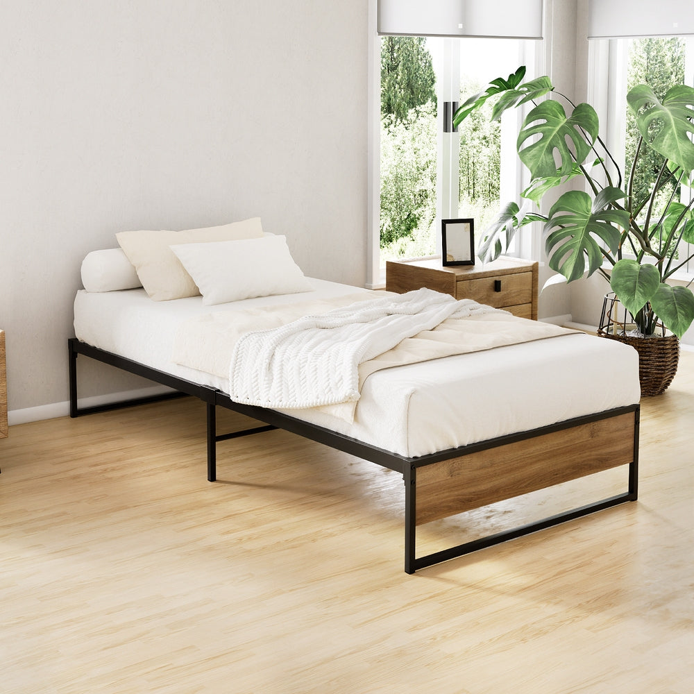 Oslo Single Metal Bed Frame Black Dark Wood