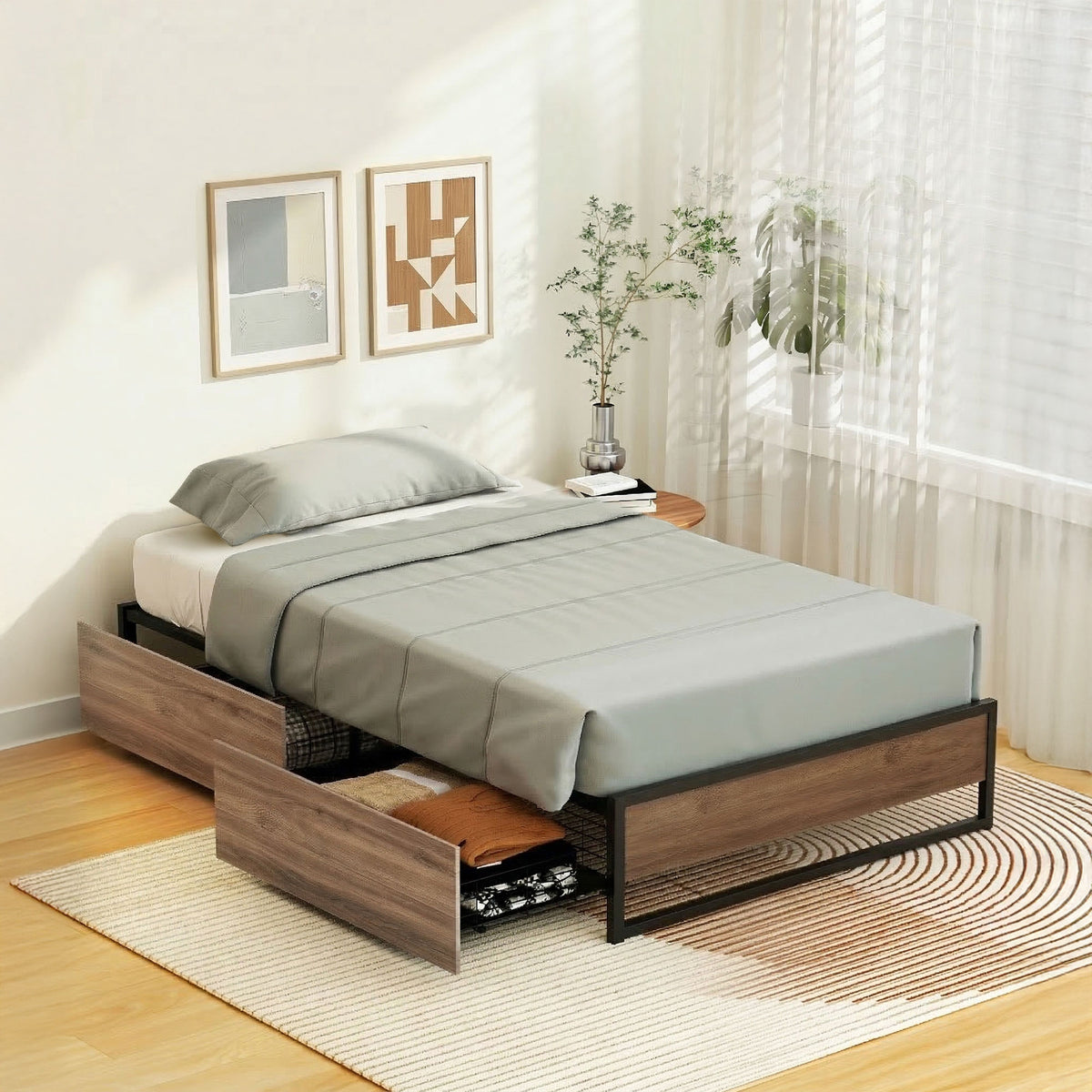 Oslo Single Metal Bed Frame with 2 Trundle Drawers