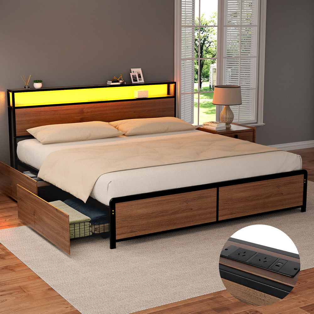 Sky King Metal Bed Frame with LED Lights and 4 Drawers