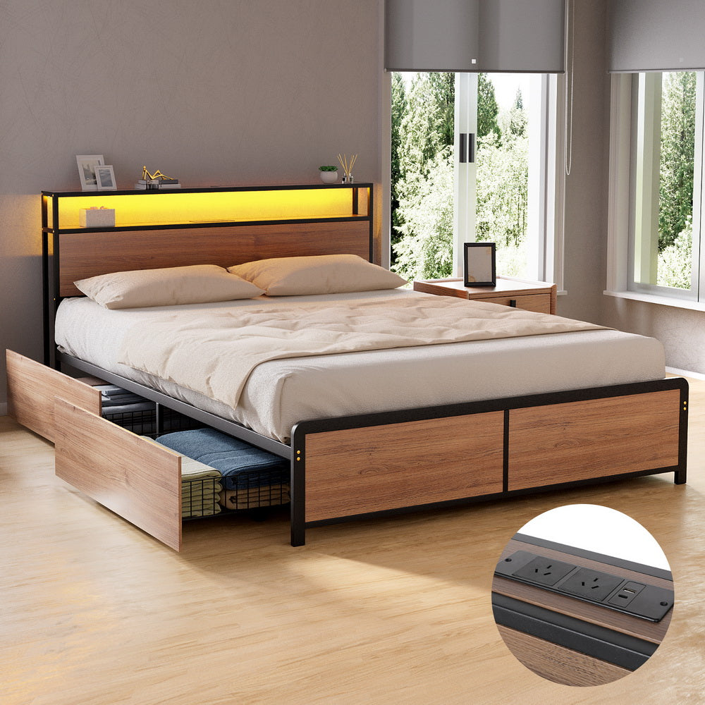 Sky Queen Metal Bed Frame with LED Storage Headboard
