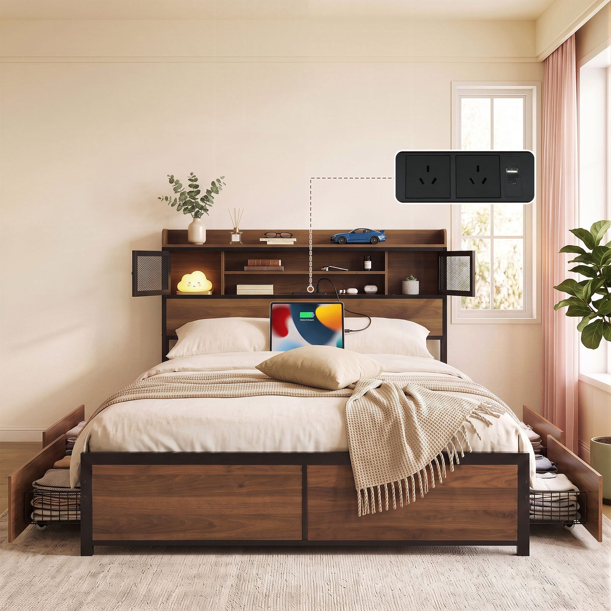 Eva Queen Bed Frame with Charging Station 4 Drawers Storage Oak