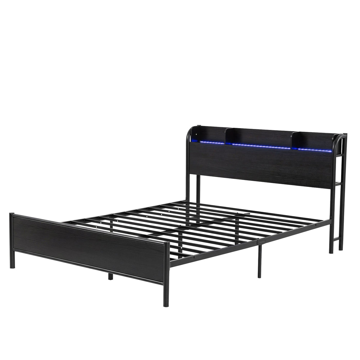 Grid Double Metal Bed Frame with Storage and Charging Station