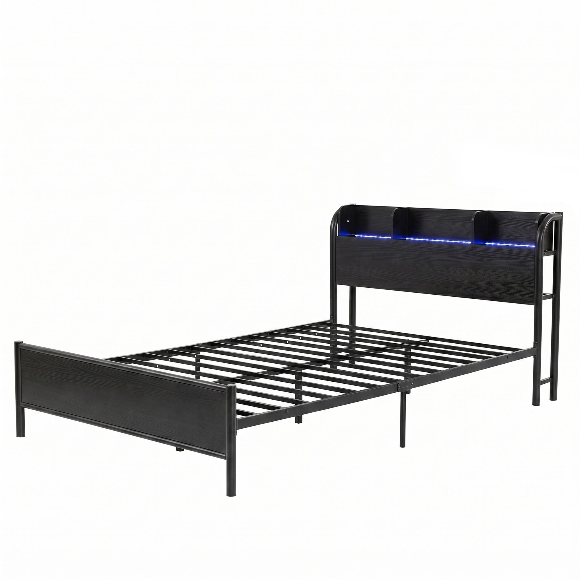 Grid Single Metal Bed Frame with Storage and Charging Station