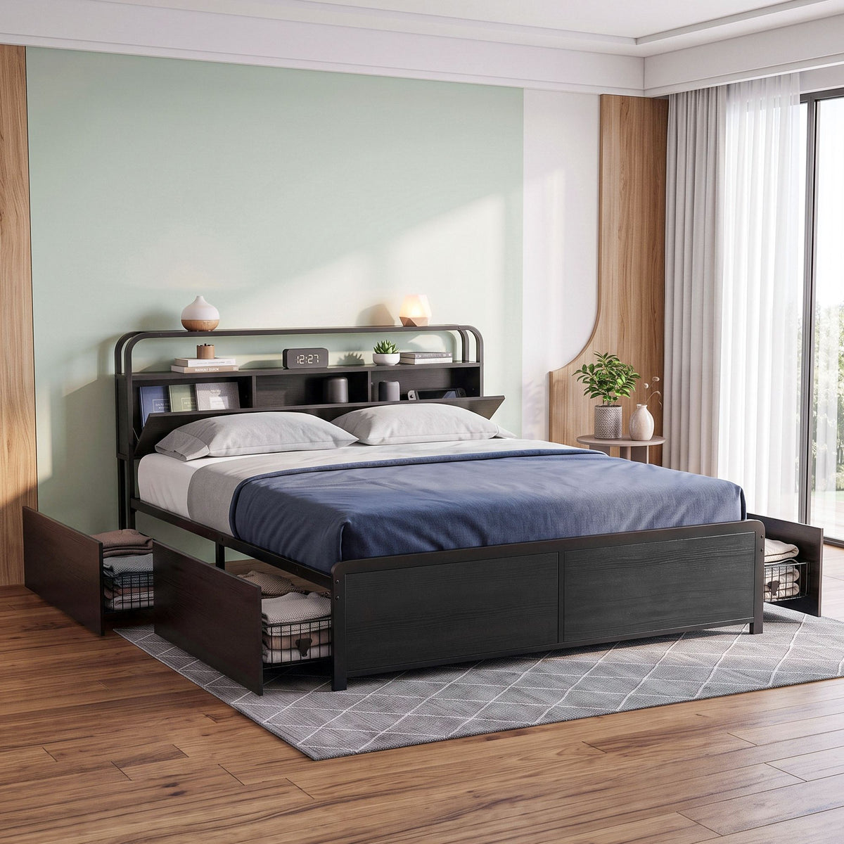 Hedy King Metal Bed Frame with 4 Drawers and Headboard Storage