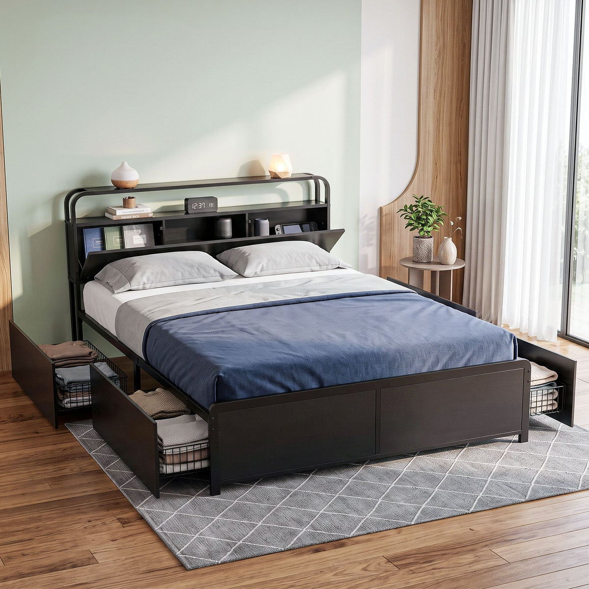 Hedy Queen Metal Bed Frame with 4 Drawers and Headboard Storage