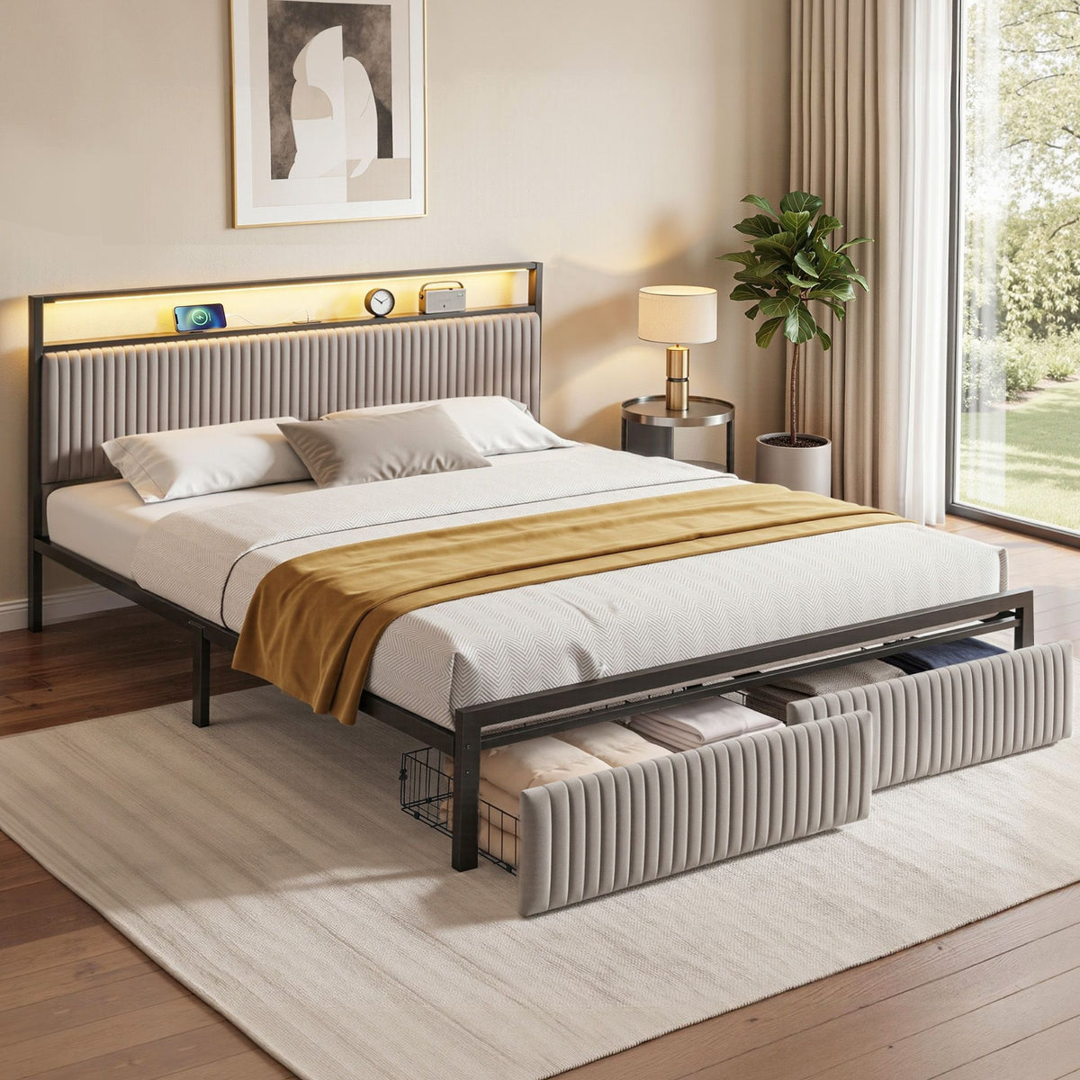 Line King Metal Bed Frame with Charging Station and LED Lights
